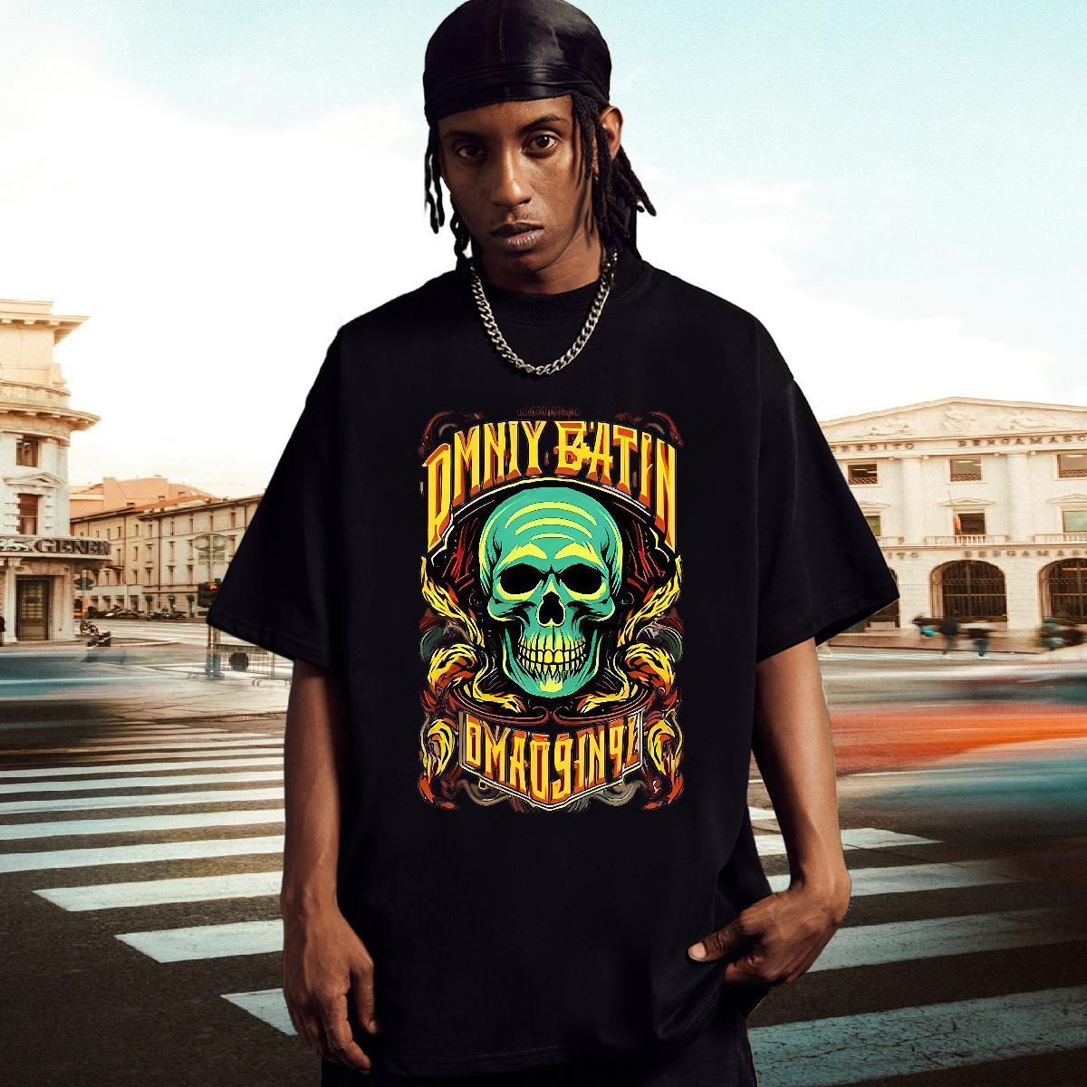 Brand Men T Shirts skull Clothes 230g Pure Cotton Spring Summer Loose Fit DIY Logo Oversized Crew Neck Breathable Tshirts