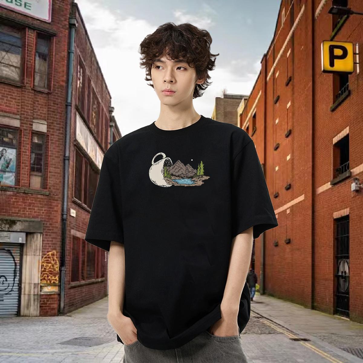 Classic T Shirt For Man mountains Clothes 230g Cotton Casual Beach Brand DIY Printed Breathable Short Sleeve Men Tops Tees