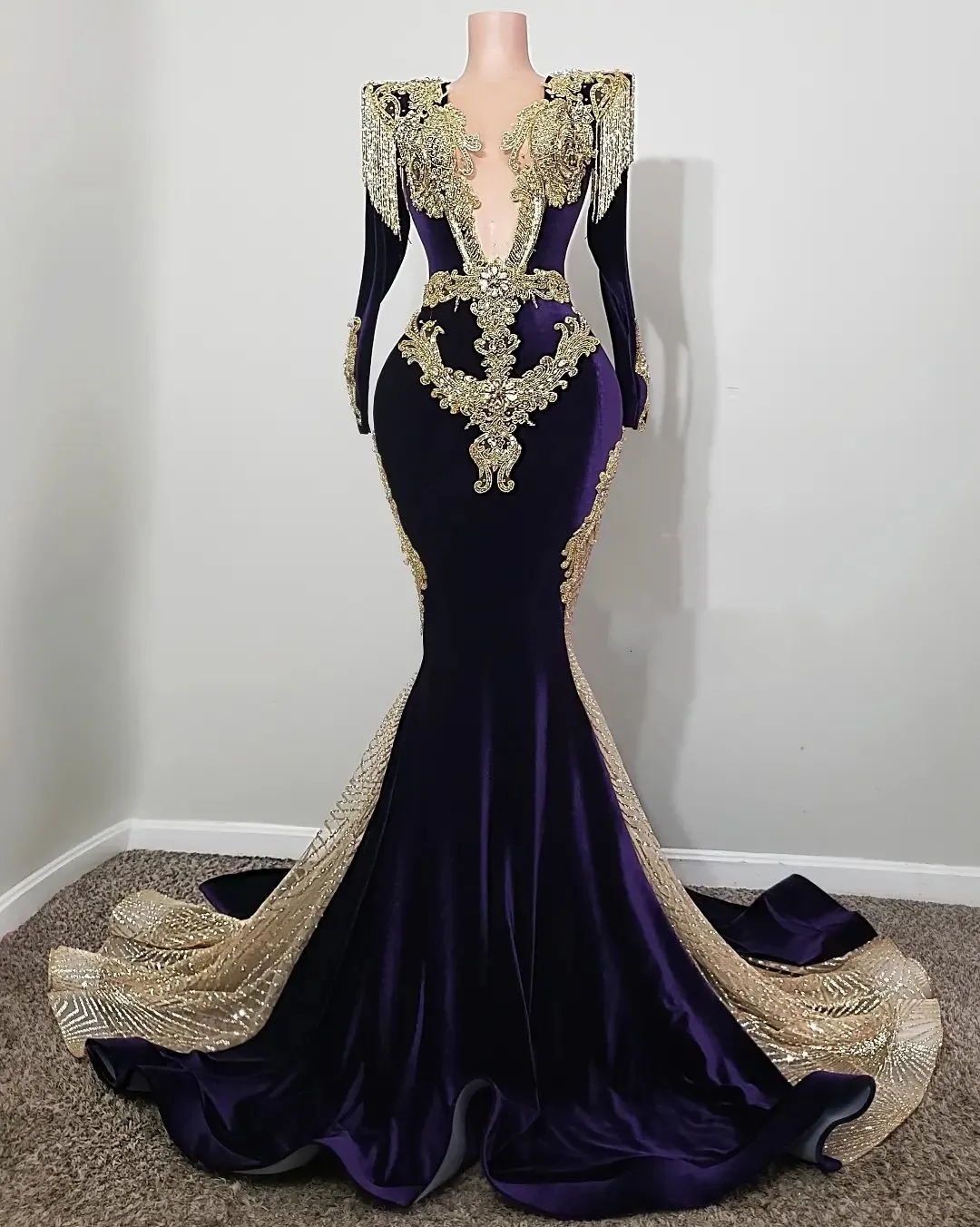 Long Sleeves Aso Ebi Mermaid Sparkly Appliques Prom Dresses Formal Party Second Reception Birthday Engagement Evening Gowns Dresses Robe De Soiree