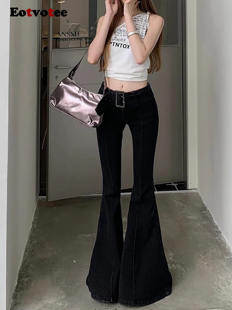 EOTVOTEE Korean Fashion Flare Low Waist Jeans Trousers Pattern Streetwear Casual Button Black Jeans Y2K Full Length 240807