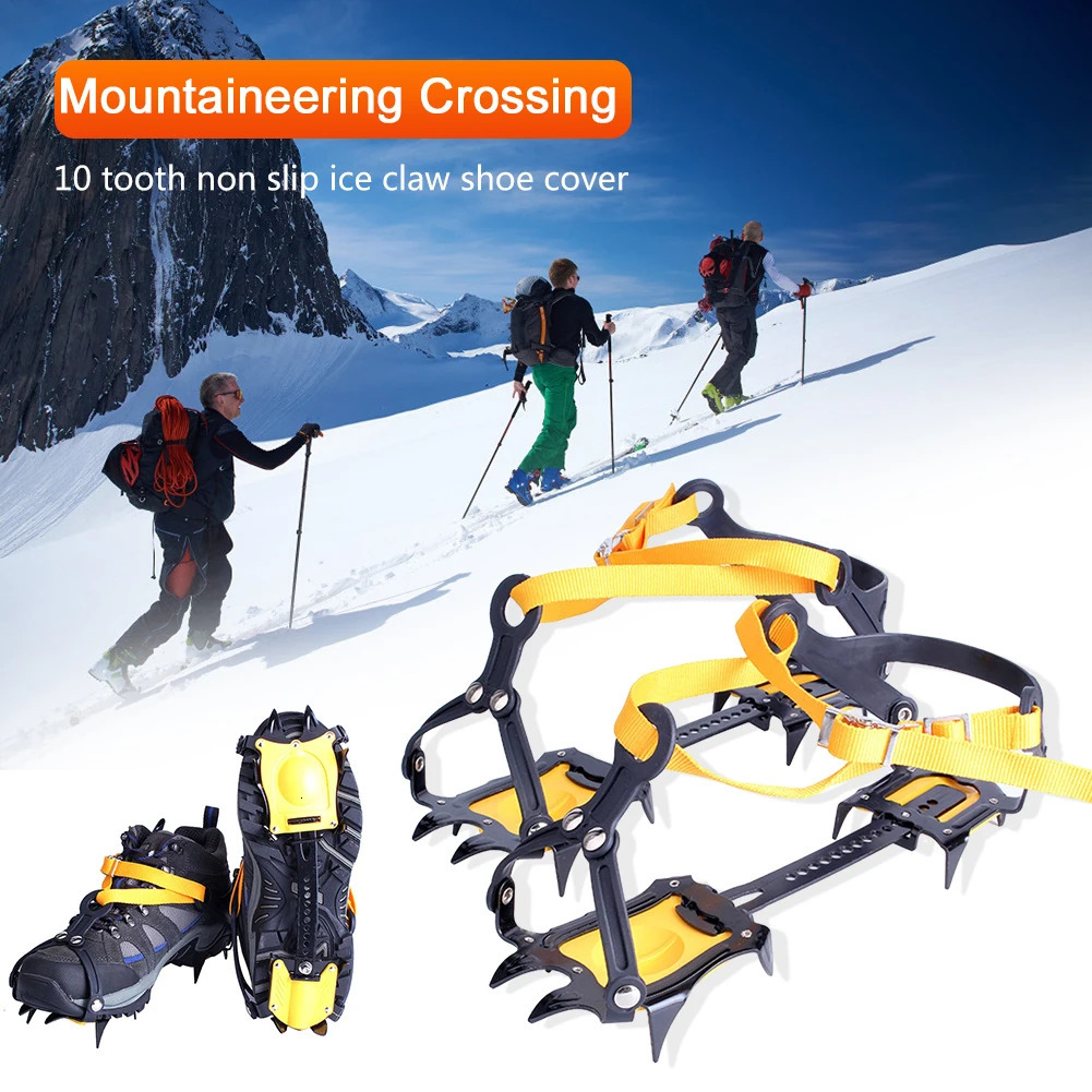 1 Pair Ice Crampons Stainless Steel 10 Teeth Mountaineering Cleats Anti-Slip with Carry Bag for Hiking Climbing Fishing Jogging