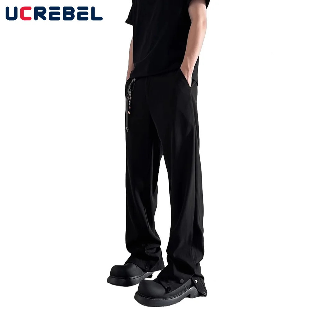 side Breasted Solid Color Suit pants Mens High Street Straight Loose Flare Men Trousers 240806
