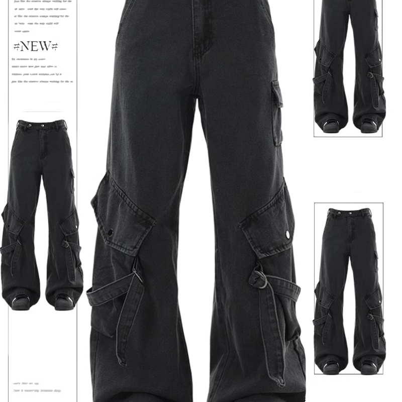 Women Black Gothic Cargo Jeans Harajuku Vintage Y2k Baggy Denim Trousers Oversize Japanese 2000s Style Jean Pants Trashy Clothes 240806