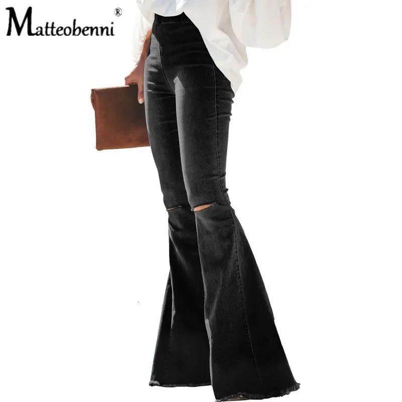 High Waisted Big Flare Jeans For Women Ripped Knee Hole Skinny Wide-Leg Denim Pants Female Casual Black Elastic Jean 240807