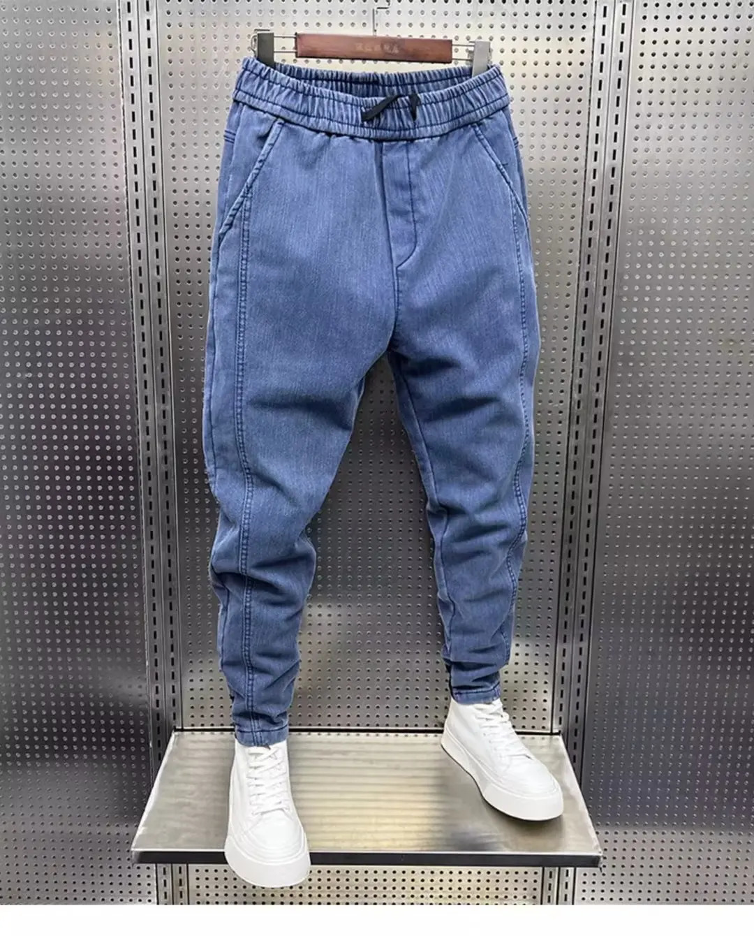 Fashion Street Style Skinny Jeans Men Warm Plus Velvet Denim Pants Vintage wash Solid Trouser Mens Casual denim 240806