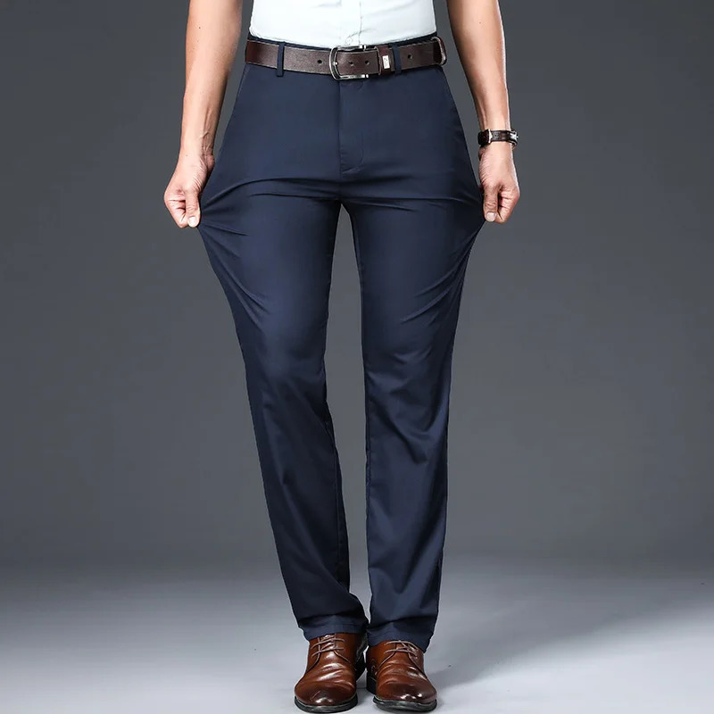 Classic Black Bamboo Fiber Mens Business Suit Trousers Spring Autumn Style Stretch Breathable