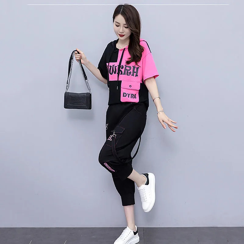 Fashion Casual Suit Female Summer Print Hooded Short Sleeve Top Casual Haren Pants Fashion Trend Sports Suit 240807