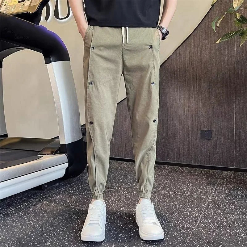 Casual Summer Thin Button Decoration Mens Cargo Pants Pocket Waist Drawstring Harlun Slim Korean Allmatch Male Trousers 240806