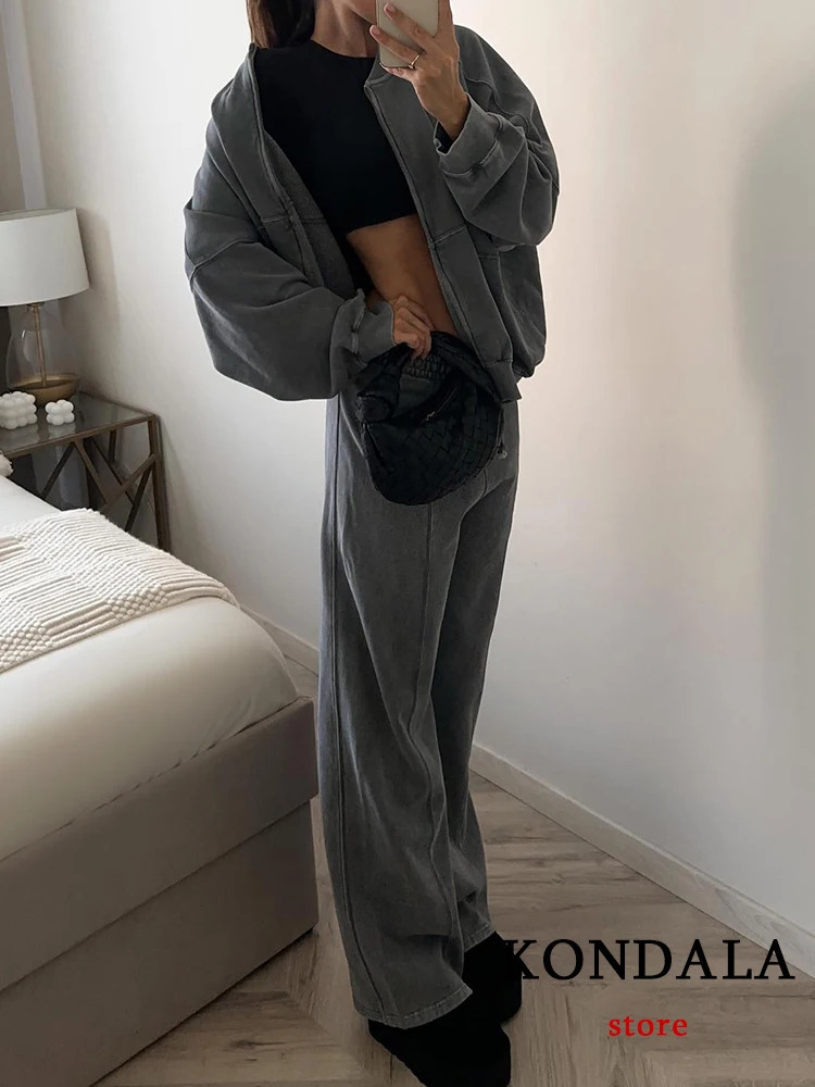 KONDALA Casual Gray Sports Women Suits Long Sleeve Zipper JacketsElastic Waist Wide Leg Pants Fashion Autumn Winter Suits 240807