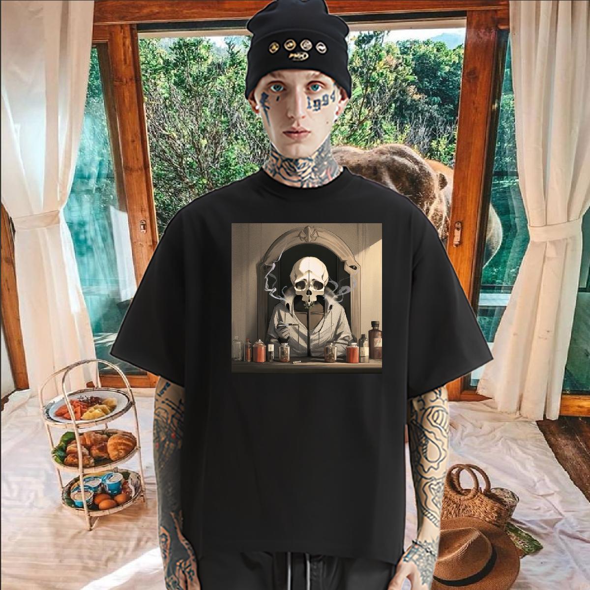 2024 Men T Shirts skull Tops Tees 230g 100% Cotton Anime Printing Street Cool Cartoon Printing L-4XL Breathable Crew Neck Tshirts