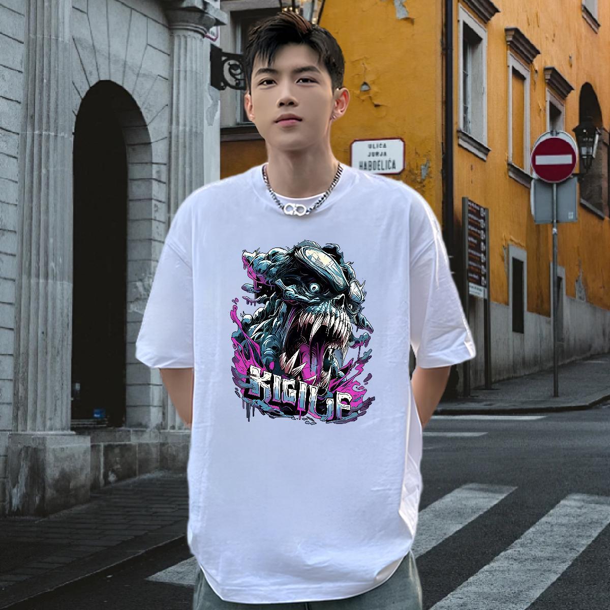 2024 DIY T-Shirts for Men skull Clothes 230g Cotton Summer Casual Loose DIY Logo Oversized Short Sleeve O-Neck Men Tees