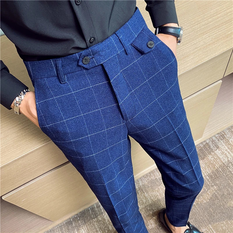 Fashion High Quality Men Suit Pants Straight Spring Autumn Long Male Plaid Classic Business Casual Trousers Full Length 240806
