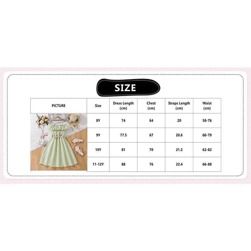 2024 new summer girls slip dress with lace green shoulder flower belt fashionable and cute casual princess dress for children aged 8-12W240720