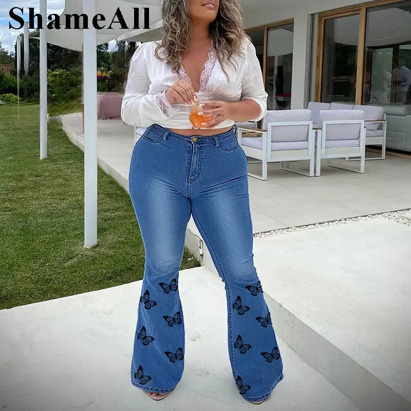 Plus Size Butter Fly Print Indie Aesthetic Flare Jeans 5XL Vintage Y2K Stretchy Skinny Melody Denim Pants Wide Leg Bell Bottoms 240807