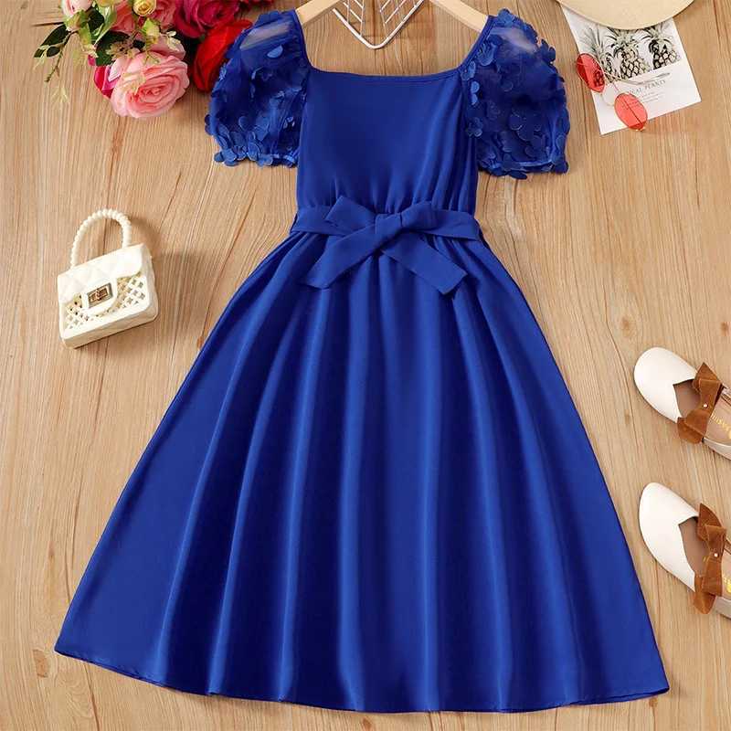 Summer Cute Girl Mesh Sleeves Round Neck Princess Dress Childrens Wedding Birthday Party Girl Detachable with Blue Fluffy DressW240720