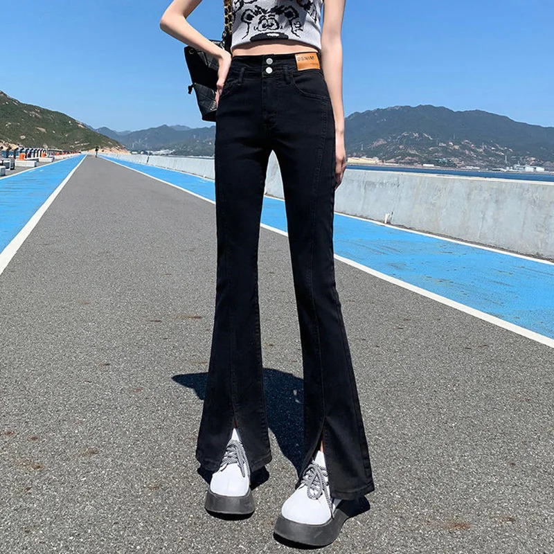 Women Black High Waist Jeans Fashion High Street Side Slit Bell Bottom Flare Pants Girls Gothic 90s Vintage Y2k Denim Trousers 240807
