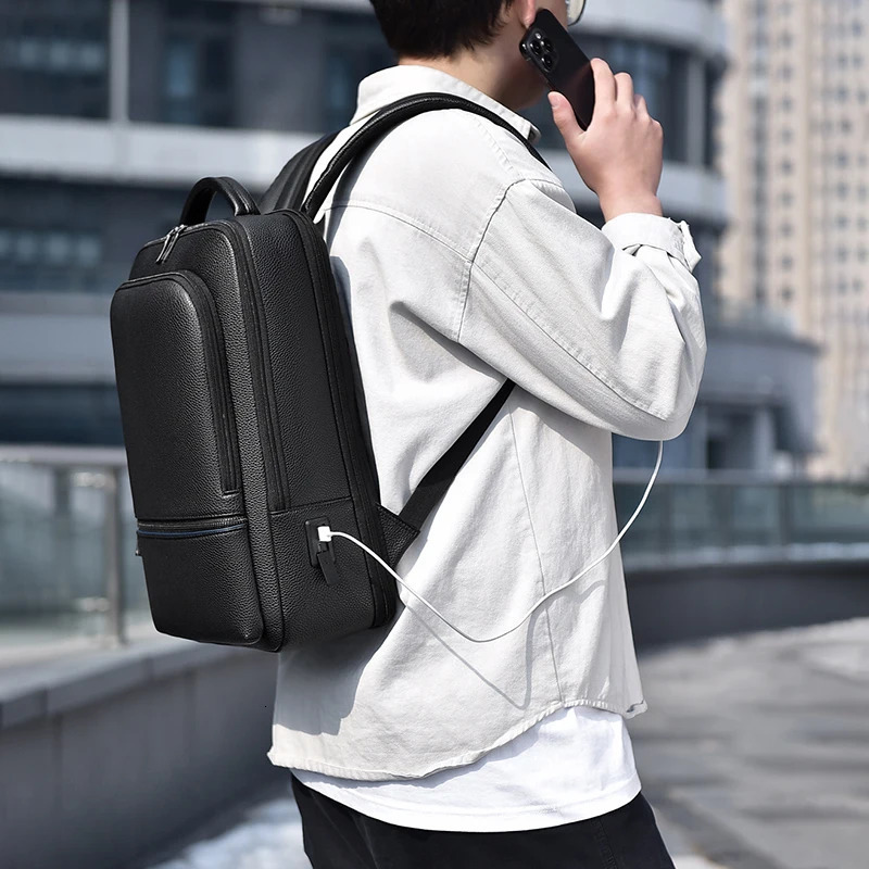 Fashion Mens PU Leather Backpack USB Charging Executive Briefcase Travel Laptop Office Business Casual Back Pack Bag 240806