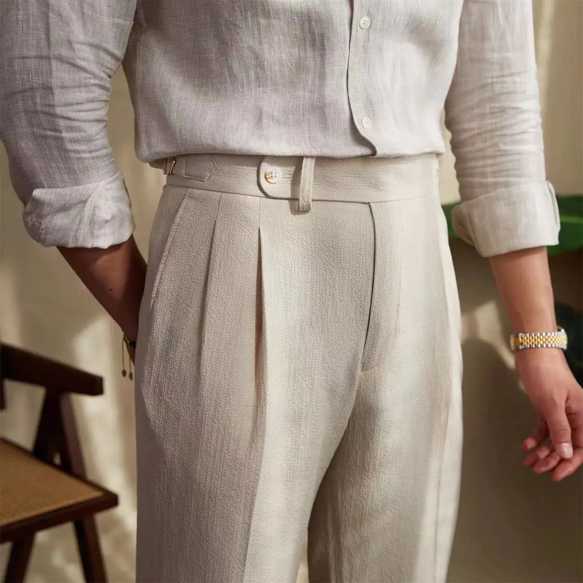 Seersucker Naples Suit Trousers Mens British Stylish Highwaisted Belt Design Straight Pants Summer Slim Business Casual 240806