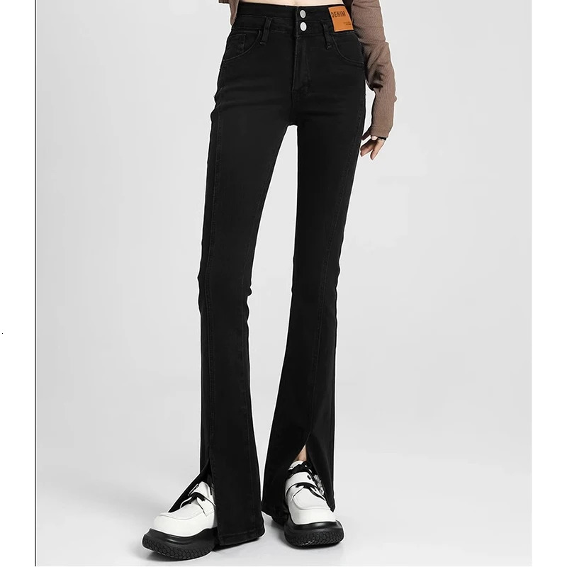 Woman High Waist Trashy Y2k Clothes Slit Bell Bottom Jeans Girls Fashion Baggy Flare Pants Lady Slim Fit Black Denim Trousers 240807