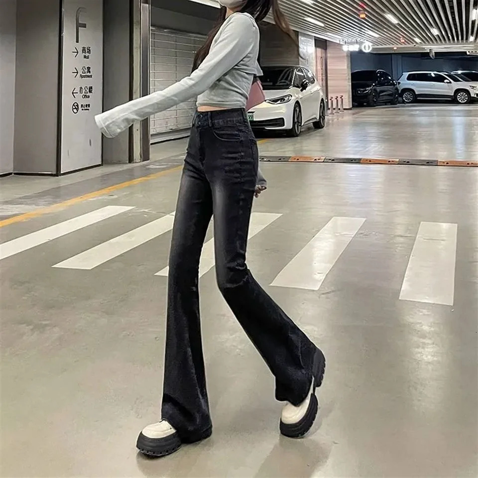 Fashion Skinny Bell Bottom High Waist Gray Denim Pants Women Flare Stretch Moustache Jeans Lady Classic Y2K Punk Long Trousers 240807