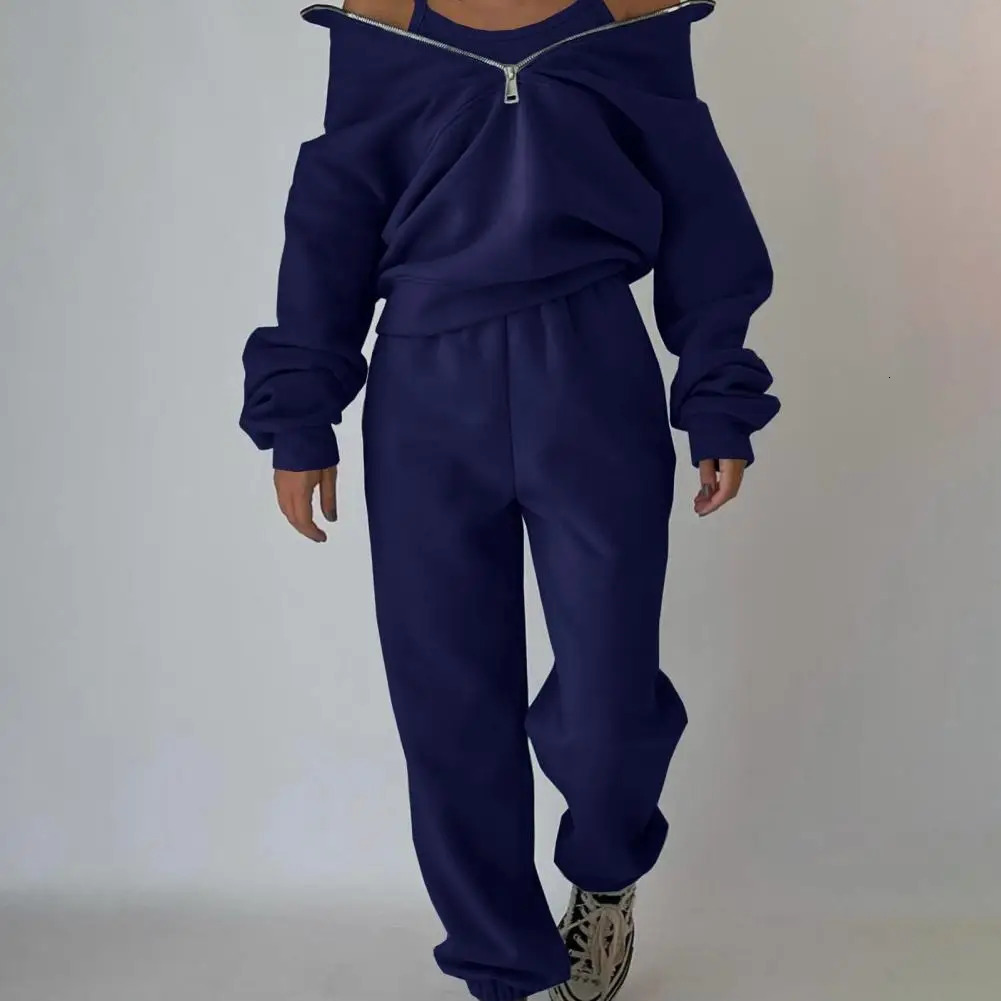 Solid Color Sports Suit Cozy Fall Winter Sweatshirt Pants Set Stylish Stand Collar Loose Fit Elastic Waist Trousers for Comfort 240807