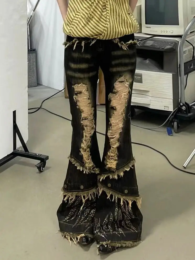 American Vintage Washed Ripped Micro-flared Jeans Millennium Low Waist Slim Fit Wide Leg Jeans Harajuku Style Y2k Girl Jeans 240807
