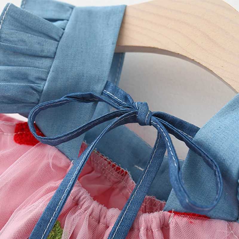 Summer girl dress cute and lovely denim mesh strawberry embroidery princess dress party dressW240720