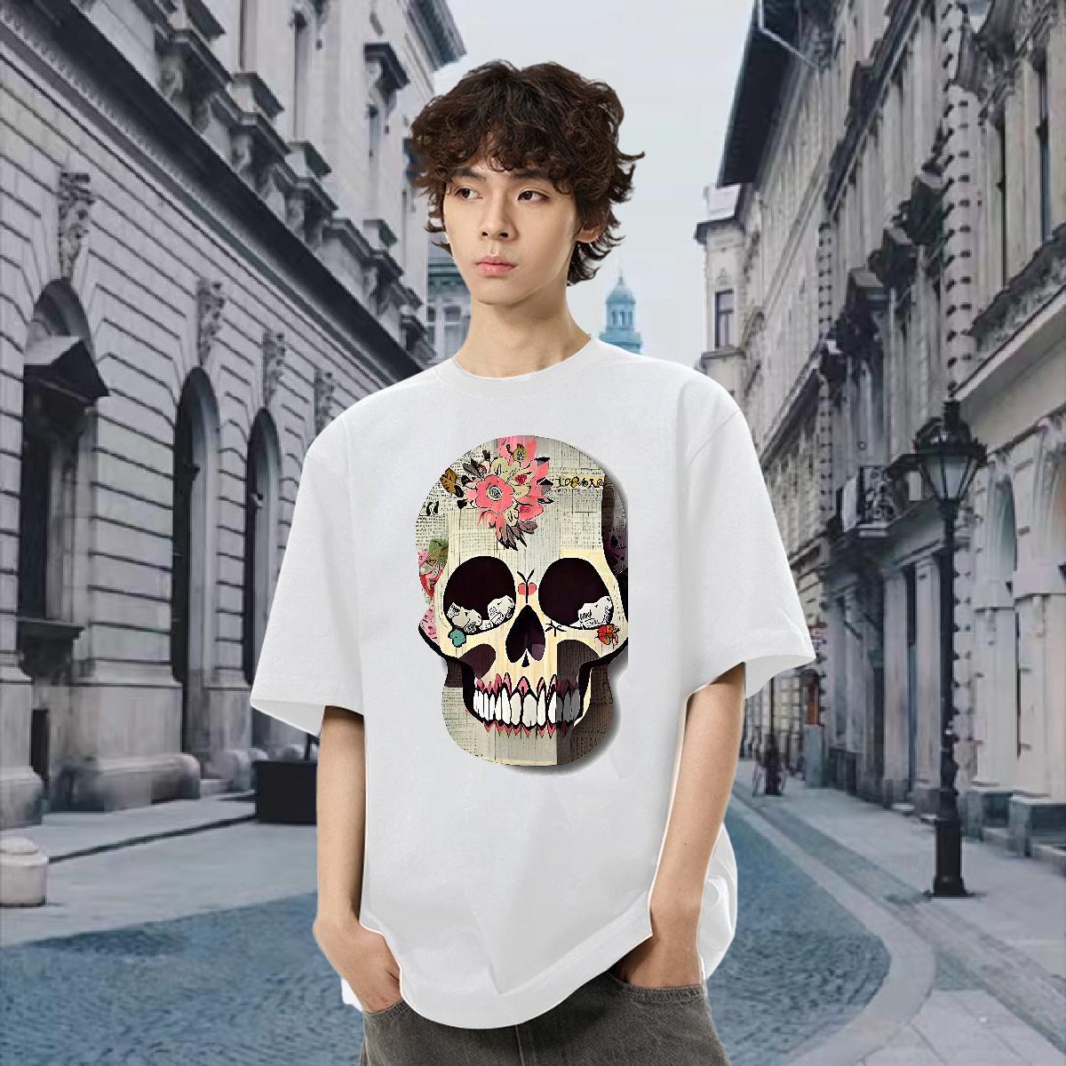 Designer T shirt skull Tops 230g Pure Cotton Casual Daily Wear Unisex White Plus Size Short Sleeve Soft Men Tees