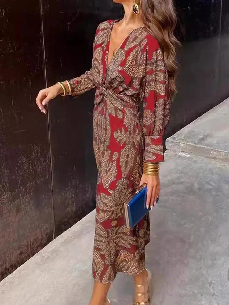 Spring Summer Fashion Printed Streetwear Dress Women Elegant Slim V Neck Midi Retro Printed Long Sleeved Slim Dress Women 240805