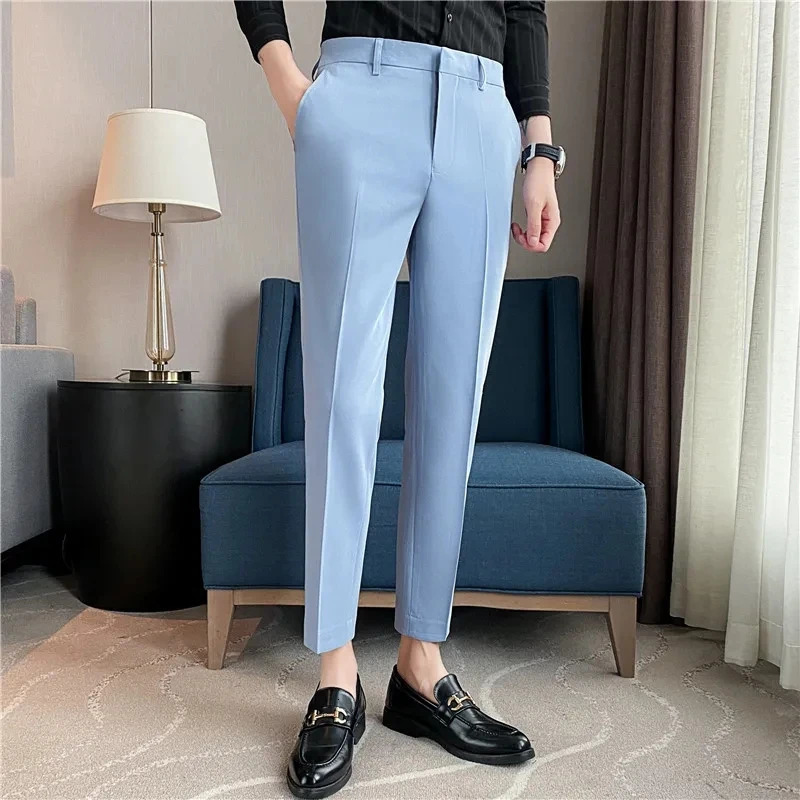 British Style Solid High Waist Trousers Men Formal Quality Slim Fit Business Casual Suit Pants Groom Wedding Dress 240806