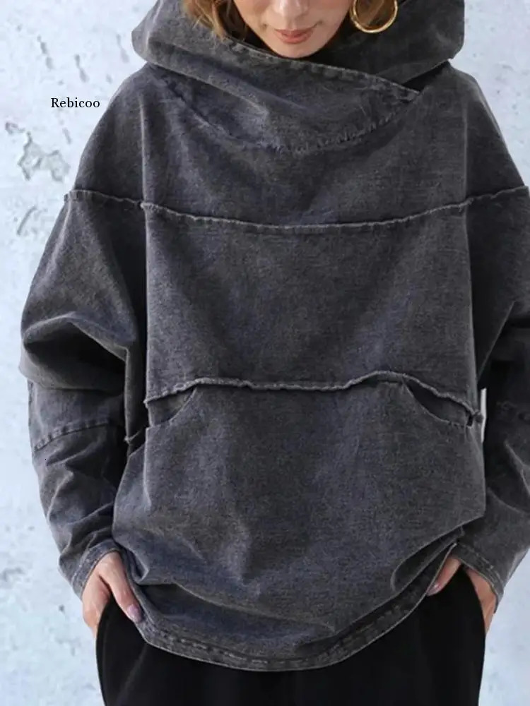 Tool loose washing denim top autumn splicing long sleeved gray hooded sweater street fashion solid color urban leisure 240806