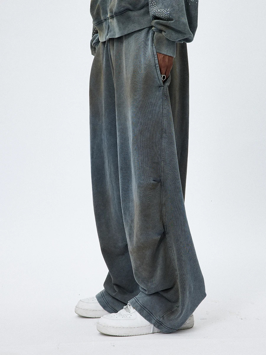 Style Retro Hip Hop Wash Made Of Old Mud Dye Drawstring Wide Leg Casual Pants Loose Sweatpants Man 240806