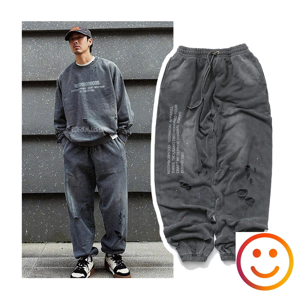 Hole Damage NEIGHBORHOOD NBHD Sweatpants Casual Loose Trousers Men Women High Quality Heavy Retro Wash Splashing Ink Track Pants 240806