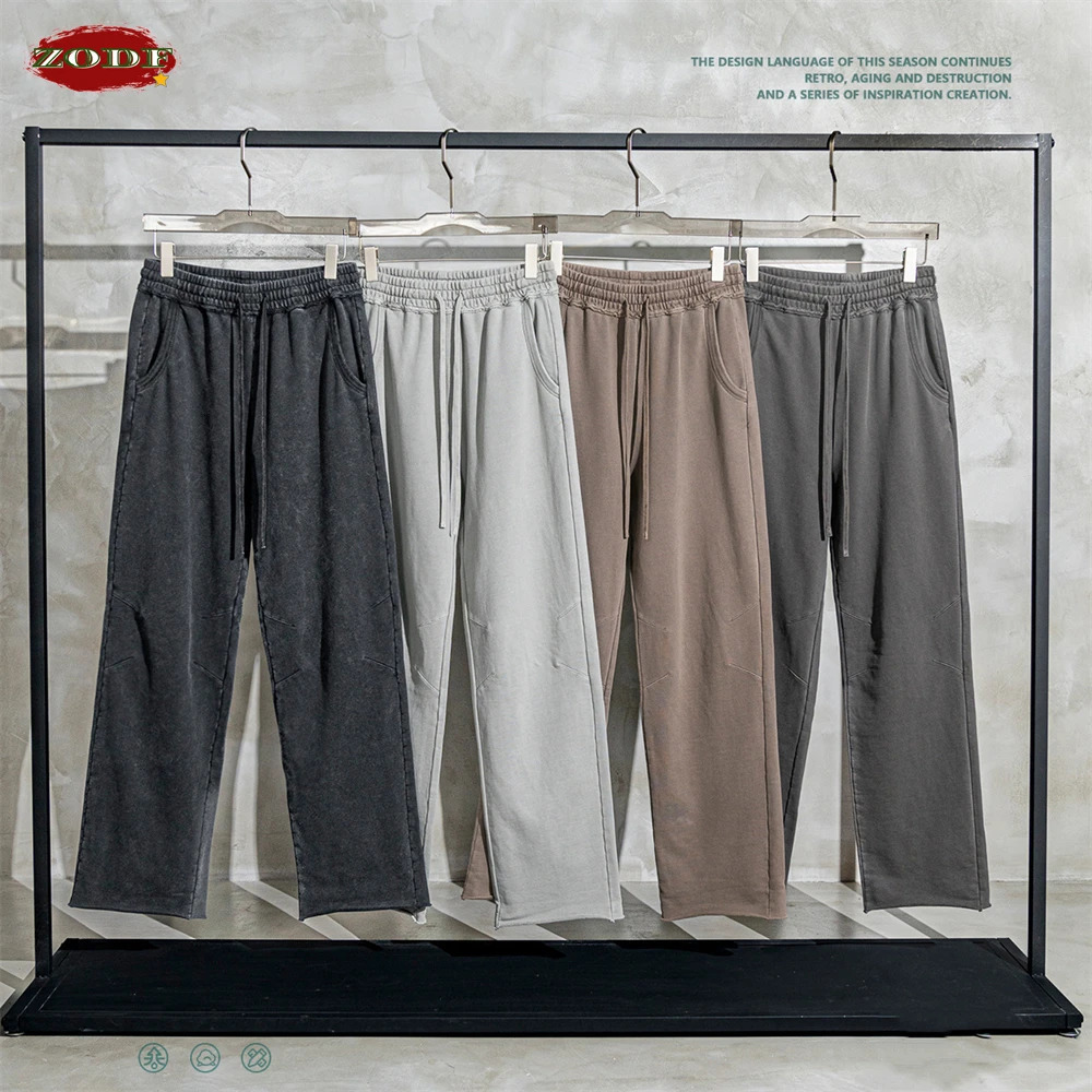 ZODF Men Washed 380gsm Cotton Pants Unisex High Street Oversized Loose Edge Straight Knitted Trousers Streetwear HY0608 240806