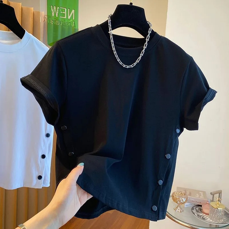 Neploe 2024 Summer Button Splicing O-neck T-shirt Y2k Short Sleeve Loose T-shirt Fashion High Waist White Top for Women240806