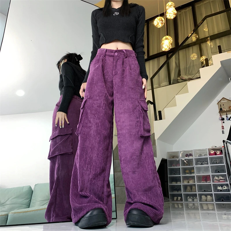 Womens Corduroy Pants Baggy Y2k 90s Streetwear Oversize Wide Leg Oversize Pants Vintage Harajuku High Waist Trousers Clothes 240807