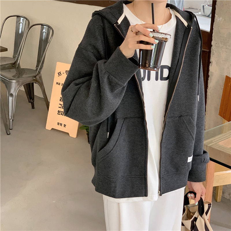 Spring and autumn loose zippered long sleeved for Korean version solid color hooded hoodie, student women's cardigan small jacket