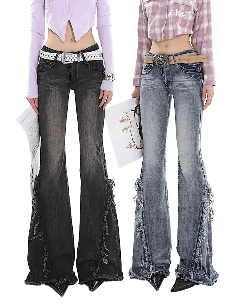 American Retro Y2K Flare Jeans Scratched Slim Bell Bottoms Women Fashion Denim Pant Raw Edge Trousers Hip Hop Street Style 240807