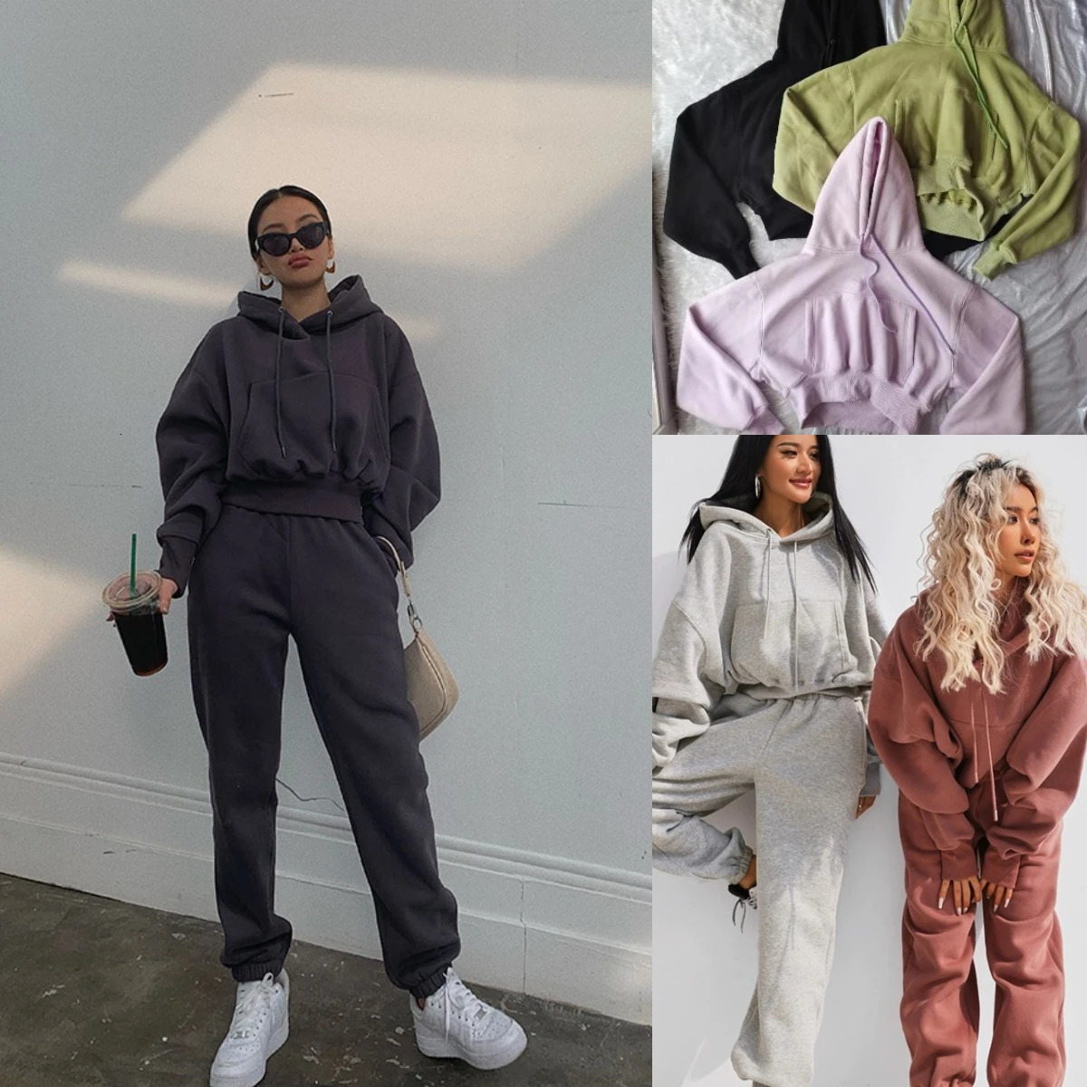 Wholesale Fall Winter Fleece Crop Hoodies and Pants 2 Piece Set Tracksuit Women Sports Outfits Two Piece Suit Mujer Solid Casual 240807