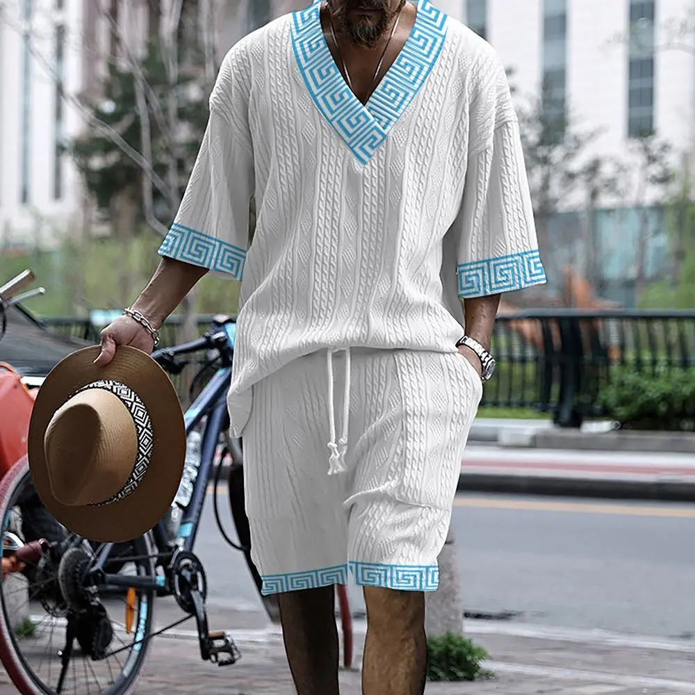 2024 Summer Mens Wear Japanese and Korean Style Stripe Color Matching Loose Large Casual Mens Wear Two Piece Set240806