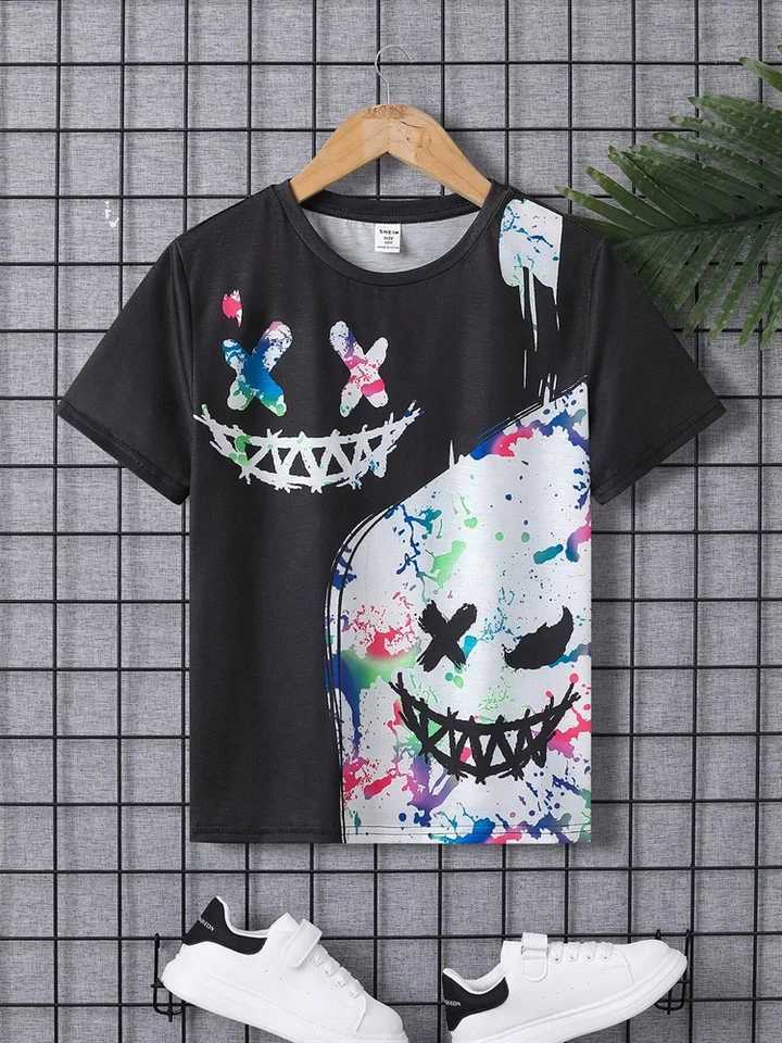 Boys fashionable glowing 3D printed T-shirt loose casual round neck short sleeved T-shirt summer childrens street clothing top childrens clothingW2407