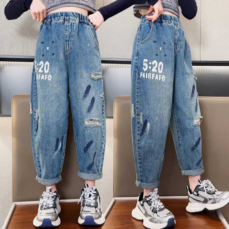 Jeans New Fashion Teen Girls Jeans For Spring Autumn Kids Printing Hole Elastic Waist Denim Harem Pants Child Casual Trousers 5-14Y