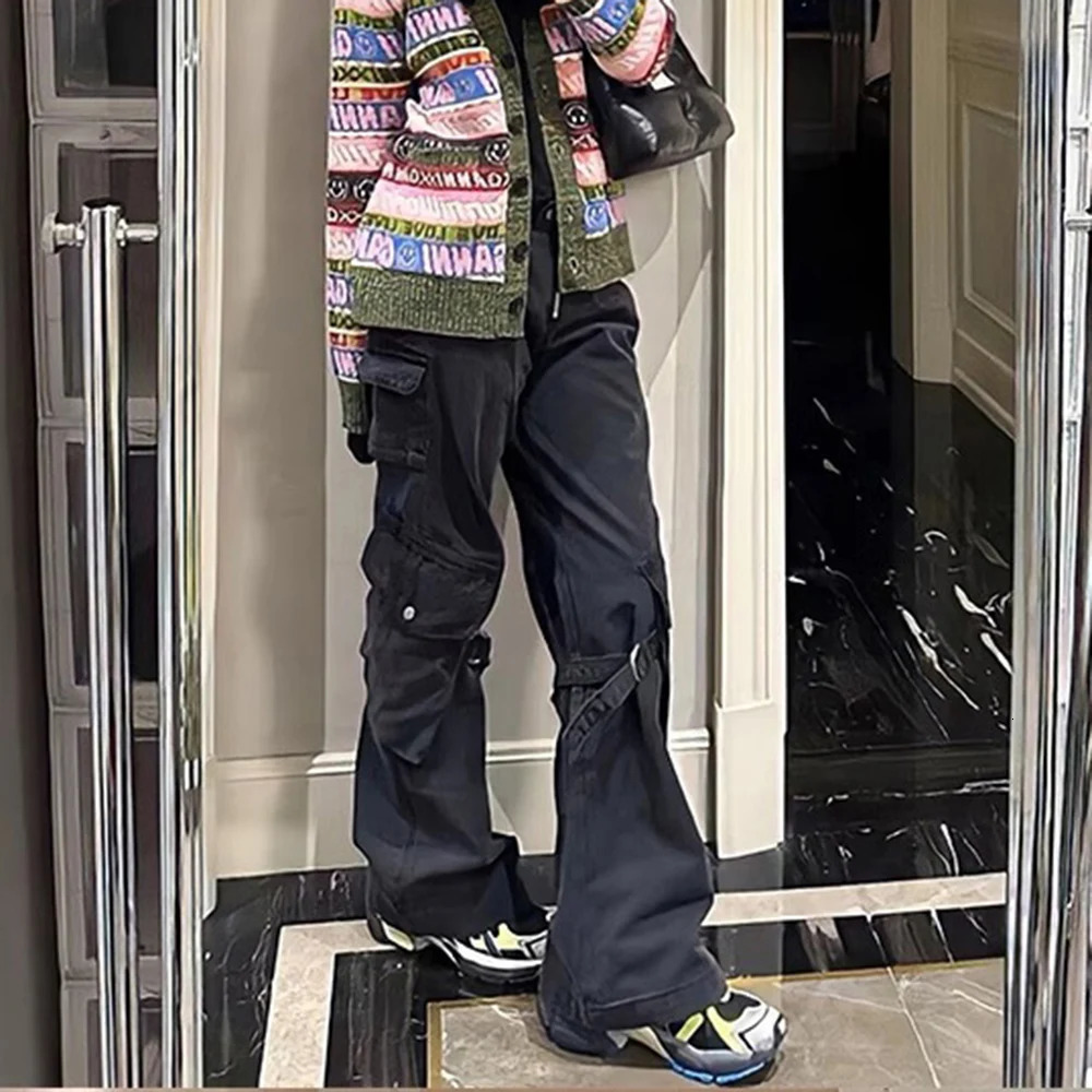 Locomotive Style Tie Washed Baggy Cargo Pants Men and Women Streetwear Y2k Pantalones Hombre Black Overalls Oversized Trousers 240806