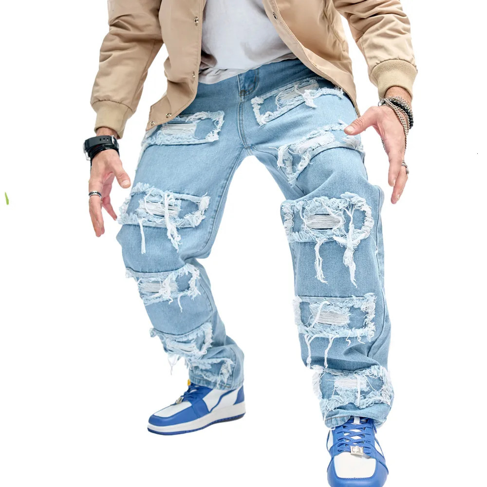 Mens motorcycle loose straight riding bicycle jeans pants hip-hop hole patch splicing high-quality mens casual denim Trouser240806