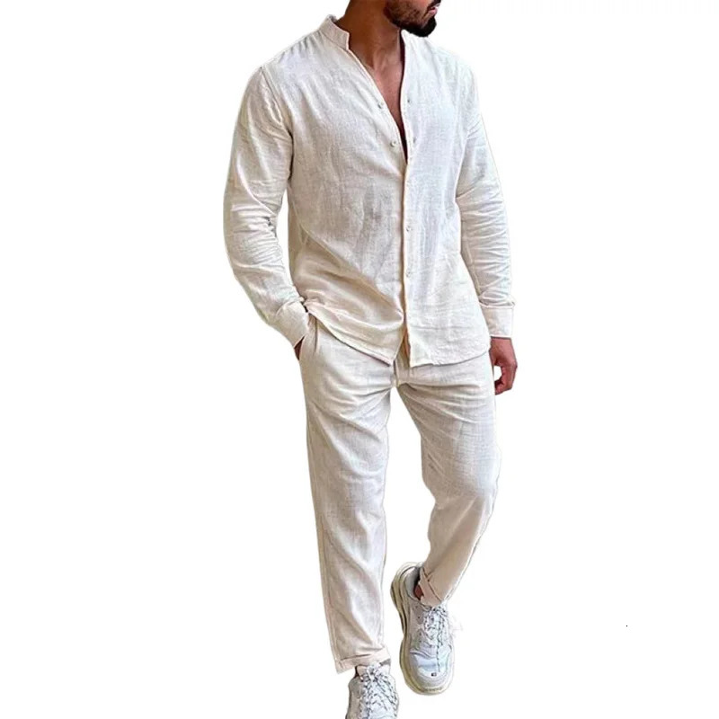 Mens Linen Spring and Autumn Suit Casual Long-sleeved Shirt Fashion Cargo Pants Sports Two-piece Set 240806