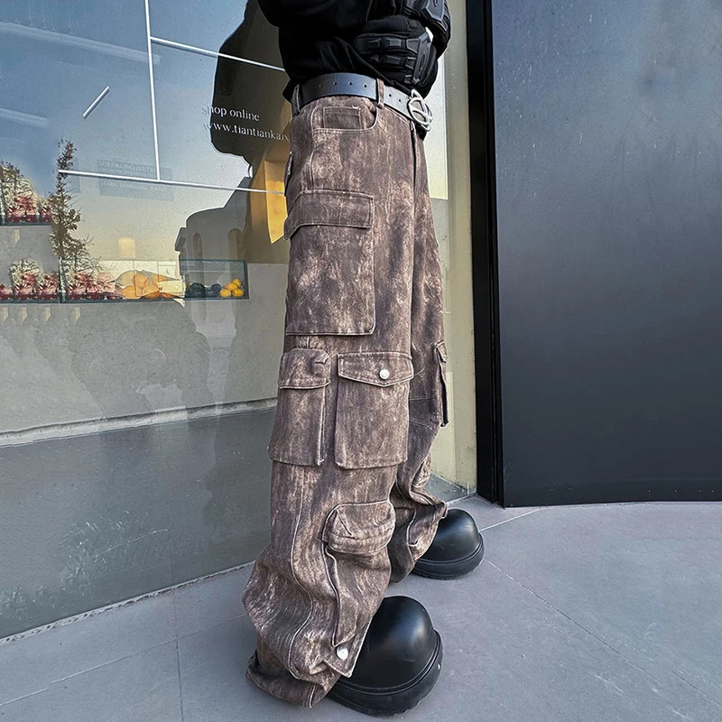 FEWQ Washed Mens Wide Leg Pant Multipockets Male Straight Trousers Casual Gradient Color Niche Design Spring Trendy 9C4400 240806