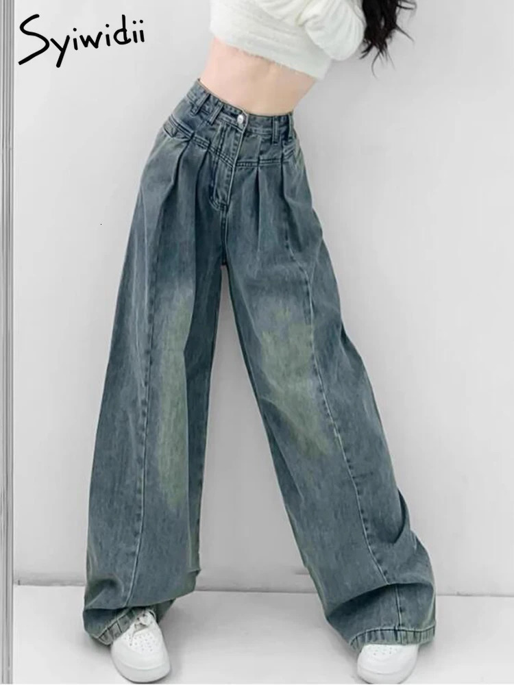 Syiwidii Jeans for Women Vintage Pleated Chic Casual Denim Pants Fashion Streetwear Loose Straight High Waist Jeans 240807
