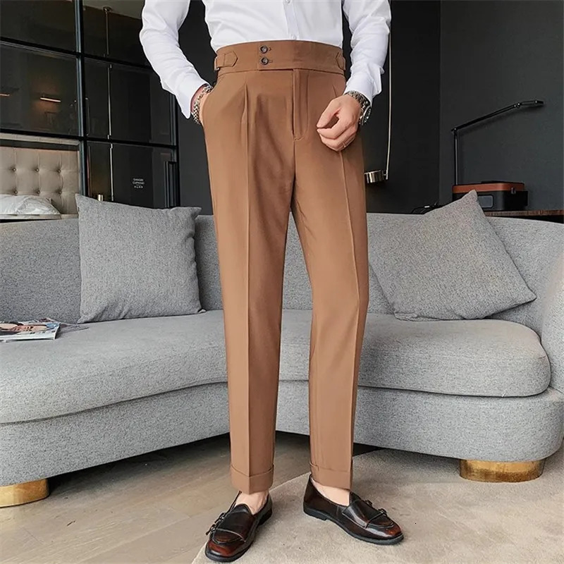 Autumn England Style High Waist Suit Pants Men Solid Quality Slim Fit Business Casual Trousers Formal 240806