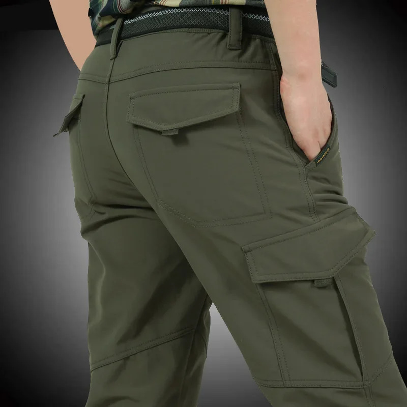 Mens Fleece Tactical Pants Winter Warm Cargo Pant Casual Soft Shell Working Trousers Thick Waterproof Plus Size 4XL 240806