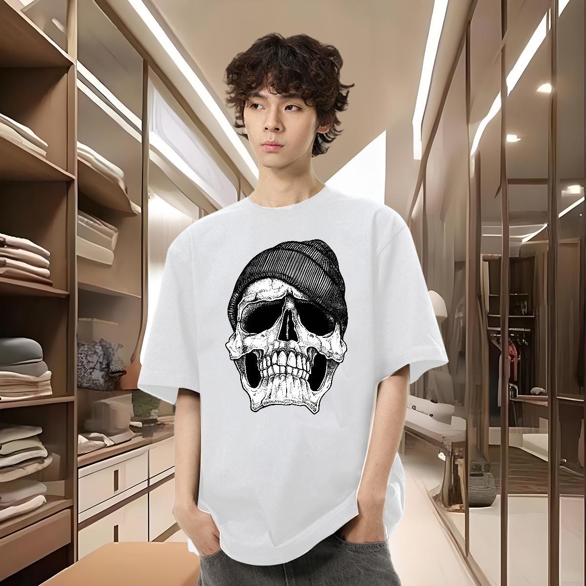 2024 New T Shirt For Man skull Tshirts 230g 100% Cotton Hip Hop Unisex Custom Cartoon O Neck Short Sleeves Men Tshirts